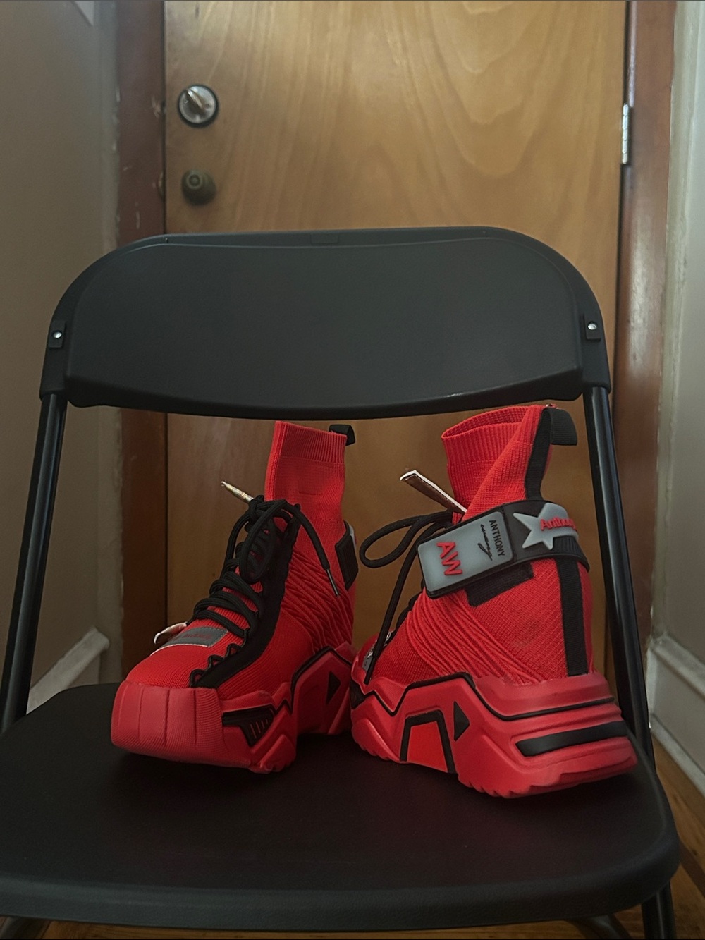 Red High-Top Knit Sneakers with Chunky Sole
